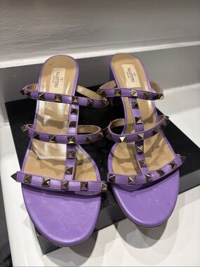 Valentino Lavender Leather Rockstud Triple-Strap Mules